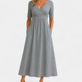 Women's V-Neck Crossover Empire-Waist Midi Dress Pockets
