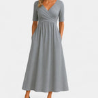 Women's V-Neck Crossover Empire-Waist Midi Dress Pockets
