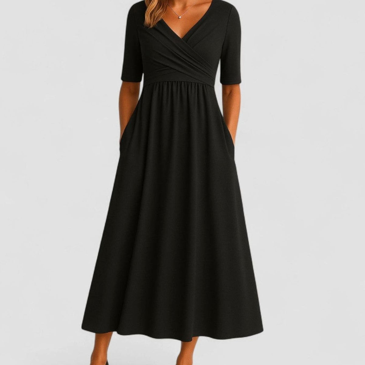 Women's V-Neck Crossover Empire-Waist Midi Dress Pockets