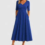 Women's V-Neck Crossover Empire-Waist Midi Dress Pockets