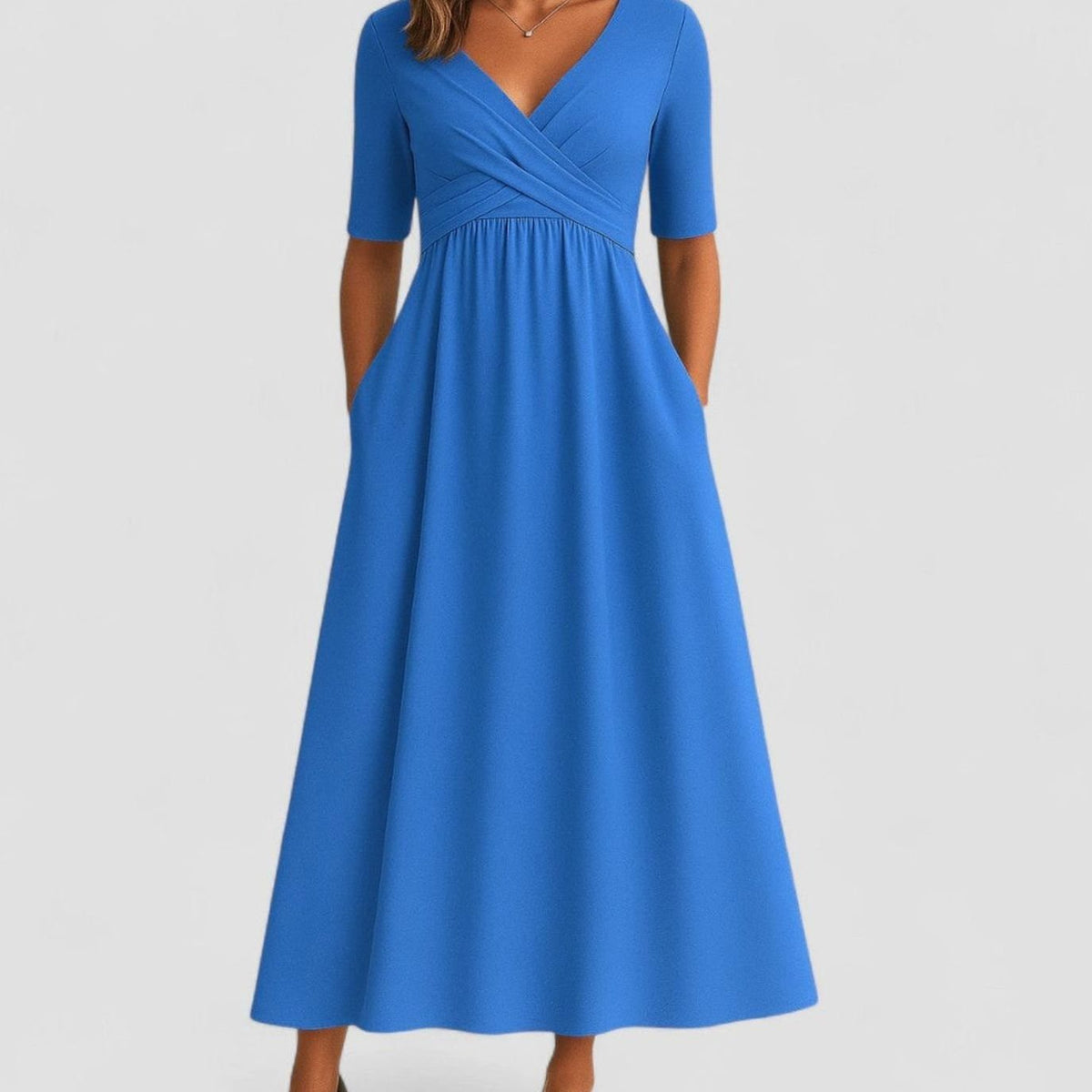 Women's V-Neck Crossover Empire-Waist Midi Dress Pockets