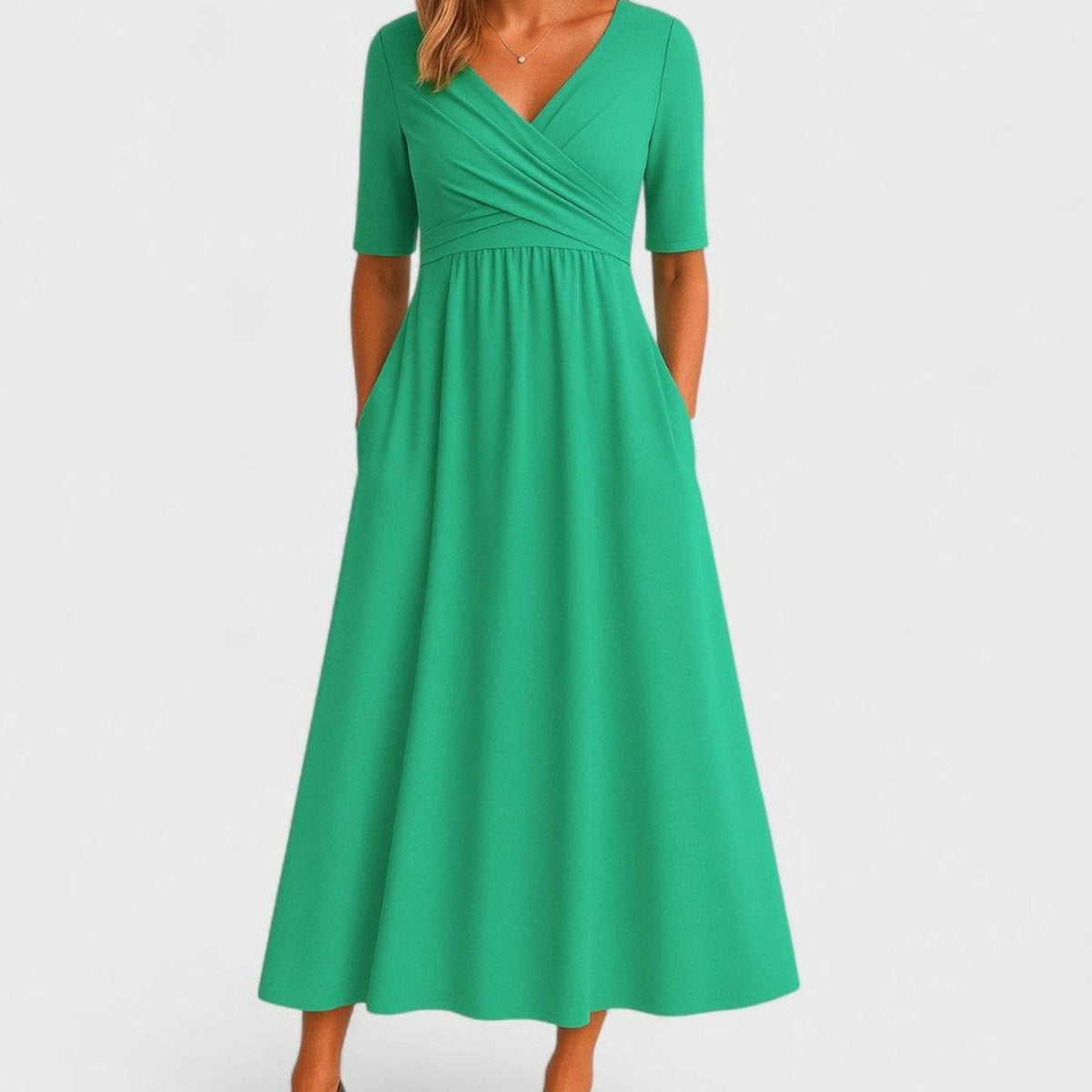 Women's V-Neck Crossover Empire-Waist Midi Dress Pockets