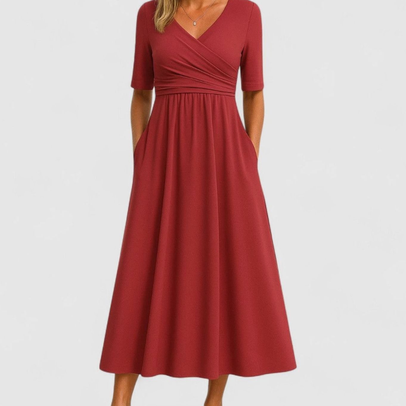 Women's V-Neck Crossover Empire-Waist Midi Dress Pockets