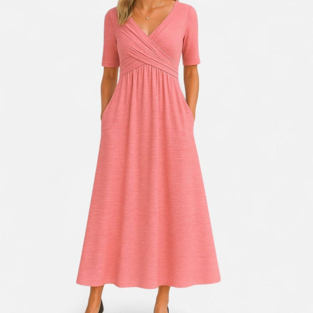 Women's V-Neck Crossover Empire-Waist Midi Dress Pockets