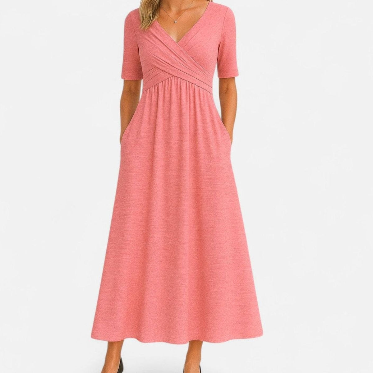 Women's V-Neck Crossover Empire-Waist Midi Dress Pockets