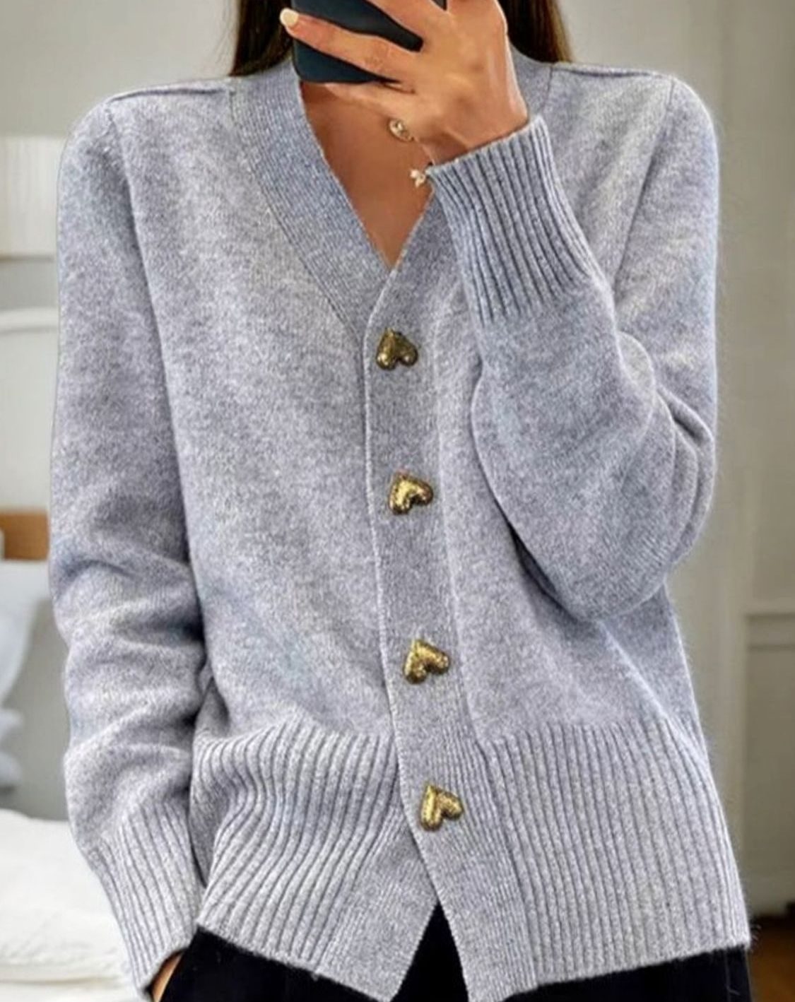 Women's Gold Heart Button Long Sleeve V-Neck Knit Cardigan - Gray