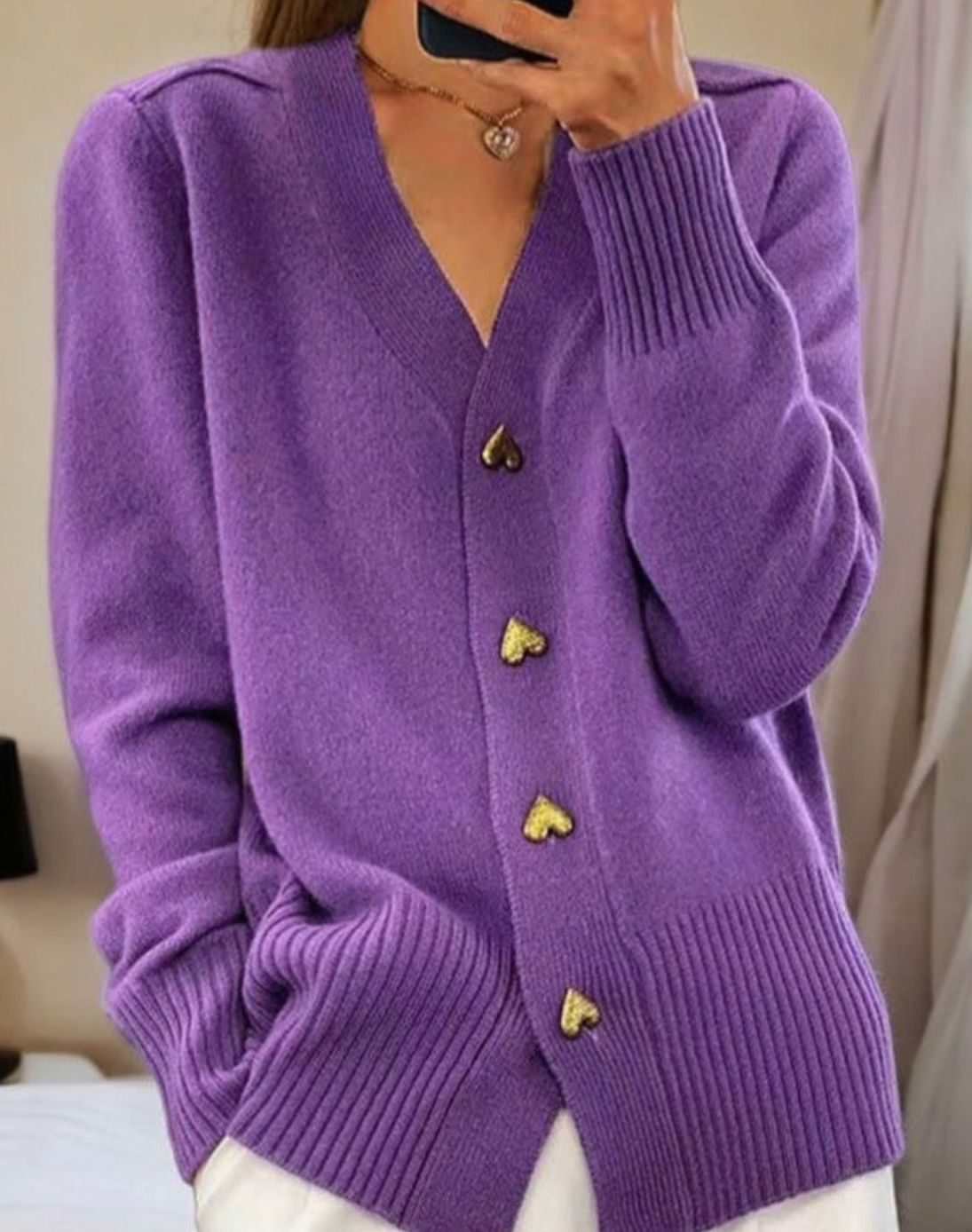 Women's Gold Heart Button Long Sleeve V-Neck Knit Cardigan - Violet
