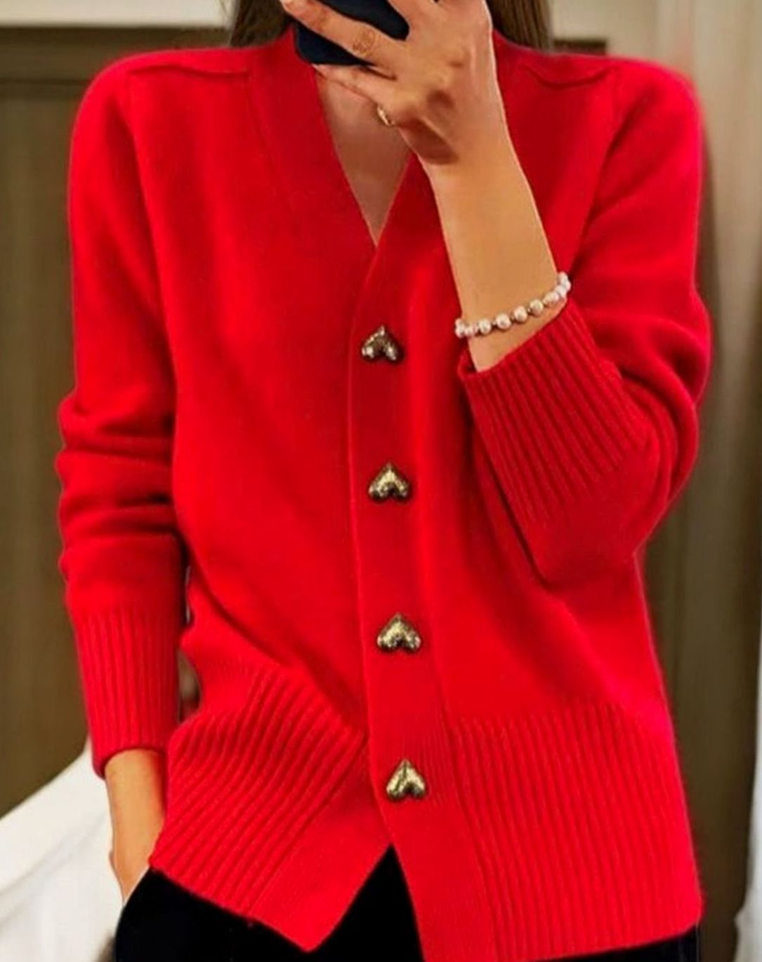 Women's Gold Heart Button Long Sleeve V-Neck Knit Cardigan - Red