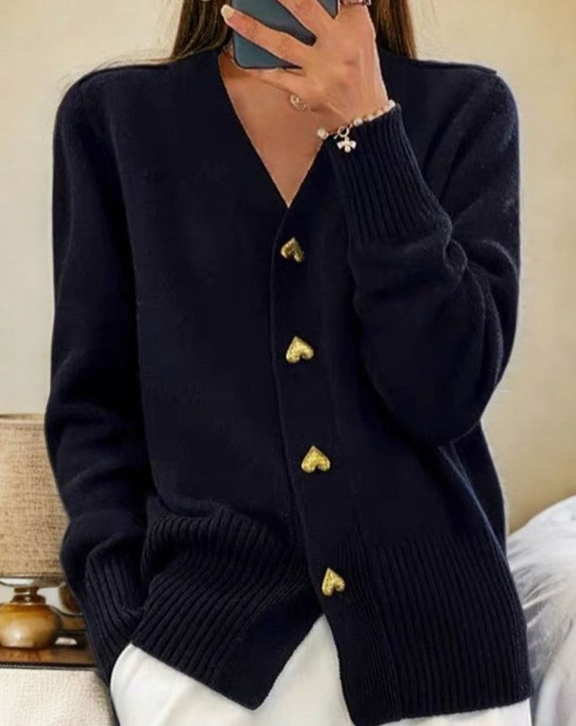 Women's Gold Heart Button Long Sleeve V-Neck Knit Cardigan - Black