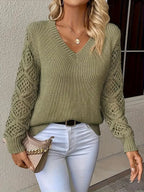 Women's V-Neck Hollow-Sleeve Pullover Knit Sweater