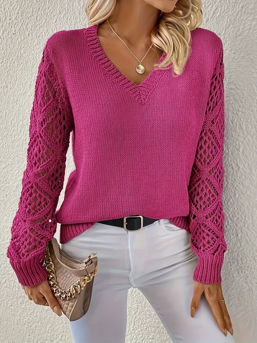 Women's V-Neck Hollow-Sleeve Pullover Knit Sweater