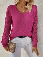 Women's V-Neck Hollow-Sleeve Pullover Knit Sweater