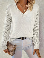 Women's V-Neck Hollow-Sleeve Pullover Knit Sweater