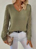 Women's V-Neck Hollow-Sleeve Pullover Knit Sweater