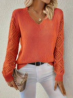 Women's V-Neck Hollow-Sleeve Pullover Knit Sweater