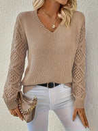 Women's V-Neck Hollow-Sleeve Pullover Knit Sweater