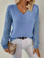 Women's V-Neck Hollow-Sleeve Pullover Knit Sweater