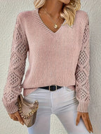 Women's V-Neck Hollow-Sleeve Pullover Knit Sweater