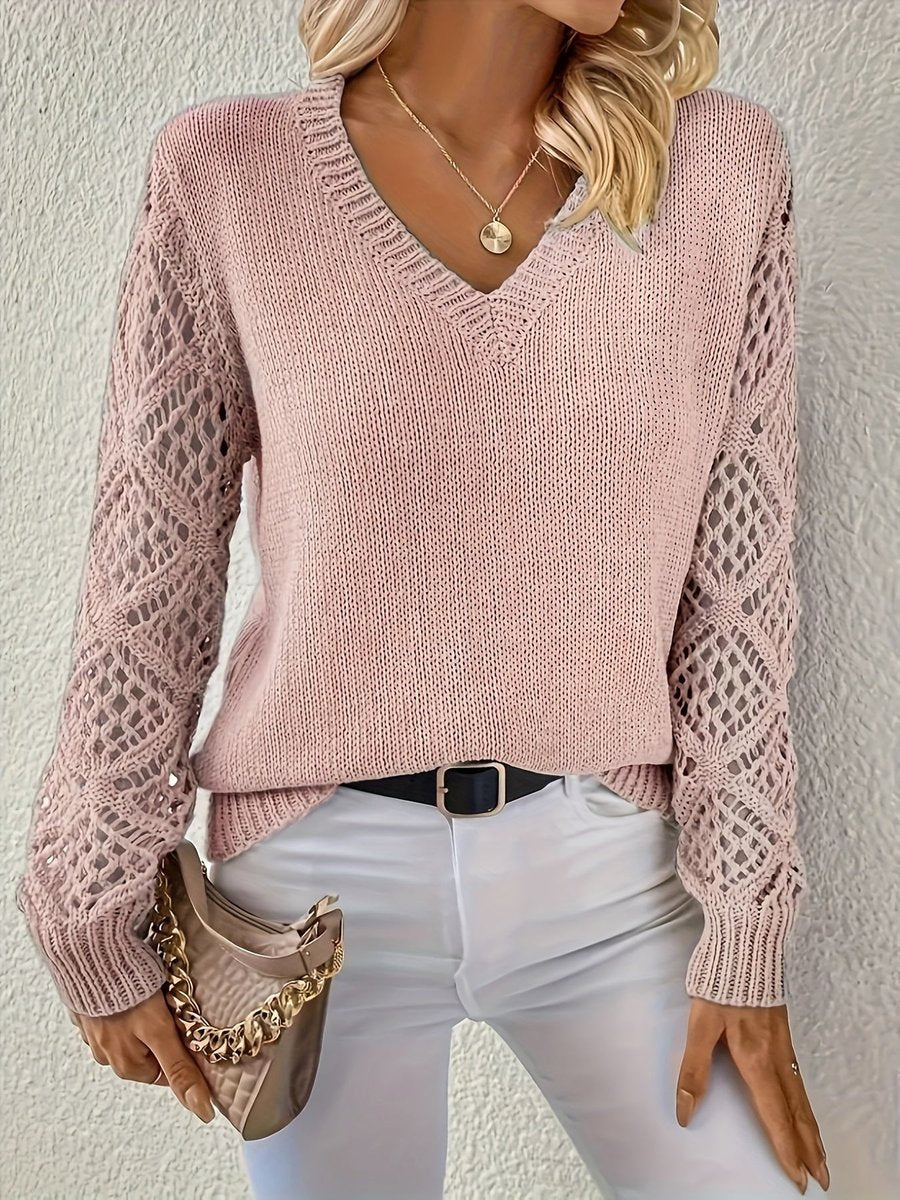 Women's V-Neck Hollow-Sleeve Pullover Knit Sweater