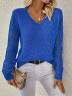 Women's V-Neck Hollow-Sleeve Pullover Knit Sweater