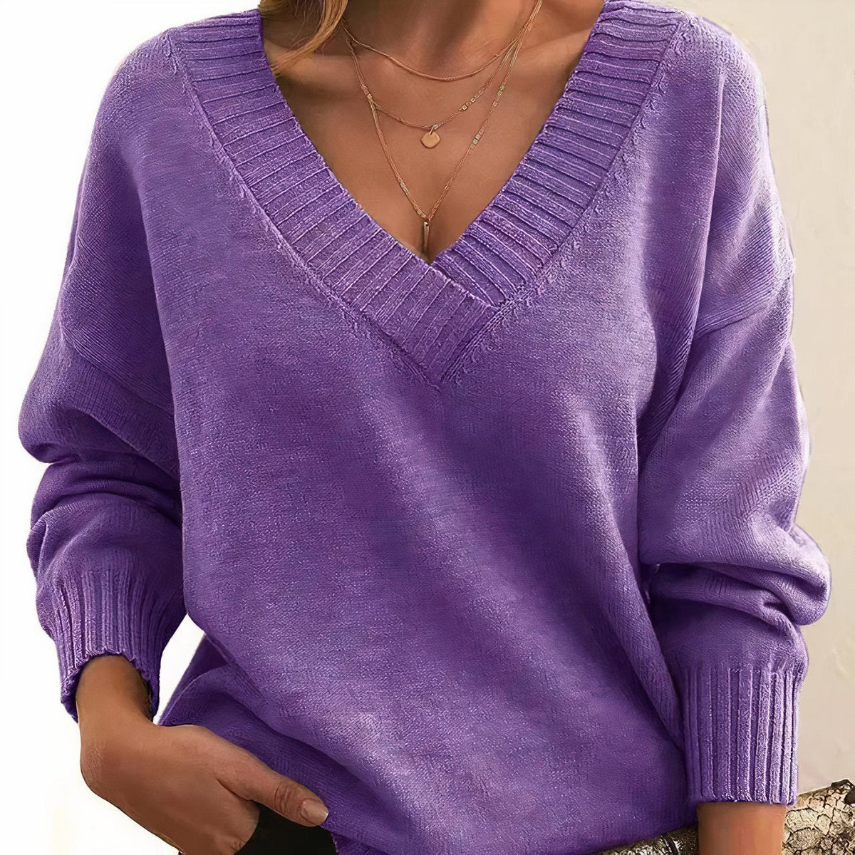 Women's V-Neck Long Sleeve Soft Knit Blend Knit Sweater
