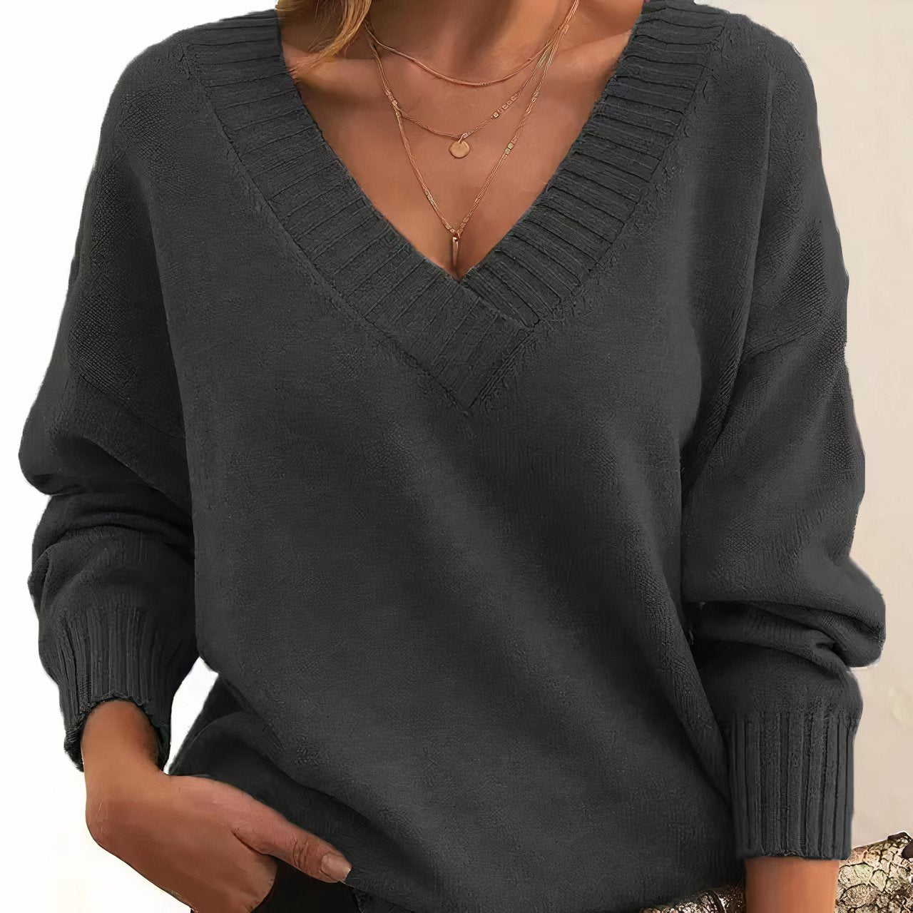 Women's V-Neck Long Sleeve Soft Knit Blend Knit Sweater