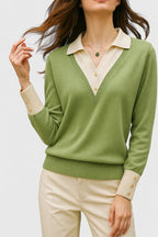 Women's V-Neck Polo Collar Knit Pullover Sweater