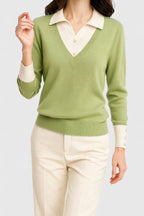 Women's V-Neck Polo Collar Knit Pullover Sweater