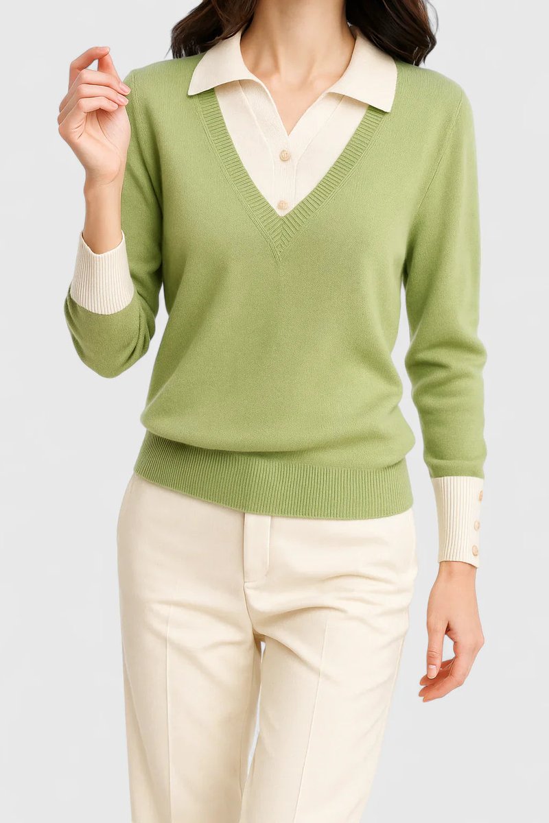Women's V-Neck Polo Collar Knit Pullover Sweater