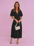 Women's V-Neck Puff Sleeve Midi Dress Smocked Waist