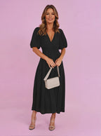 Women's V-Neck Puff Sleeve Midi Dress Smocked Waist