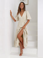 Women's V-Neck Puff Sleeve Midi Dress Smocked Waist
