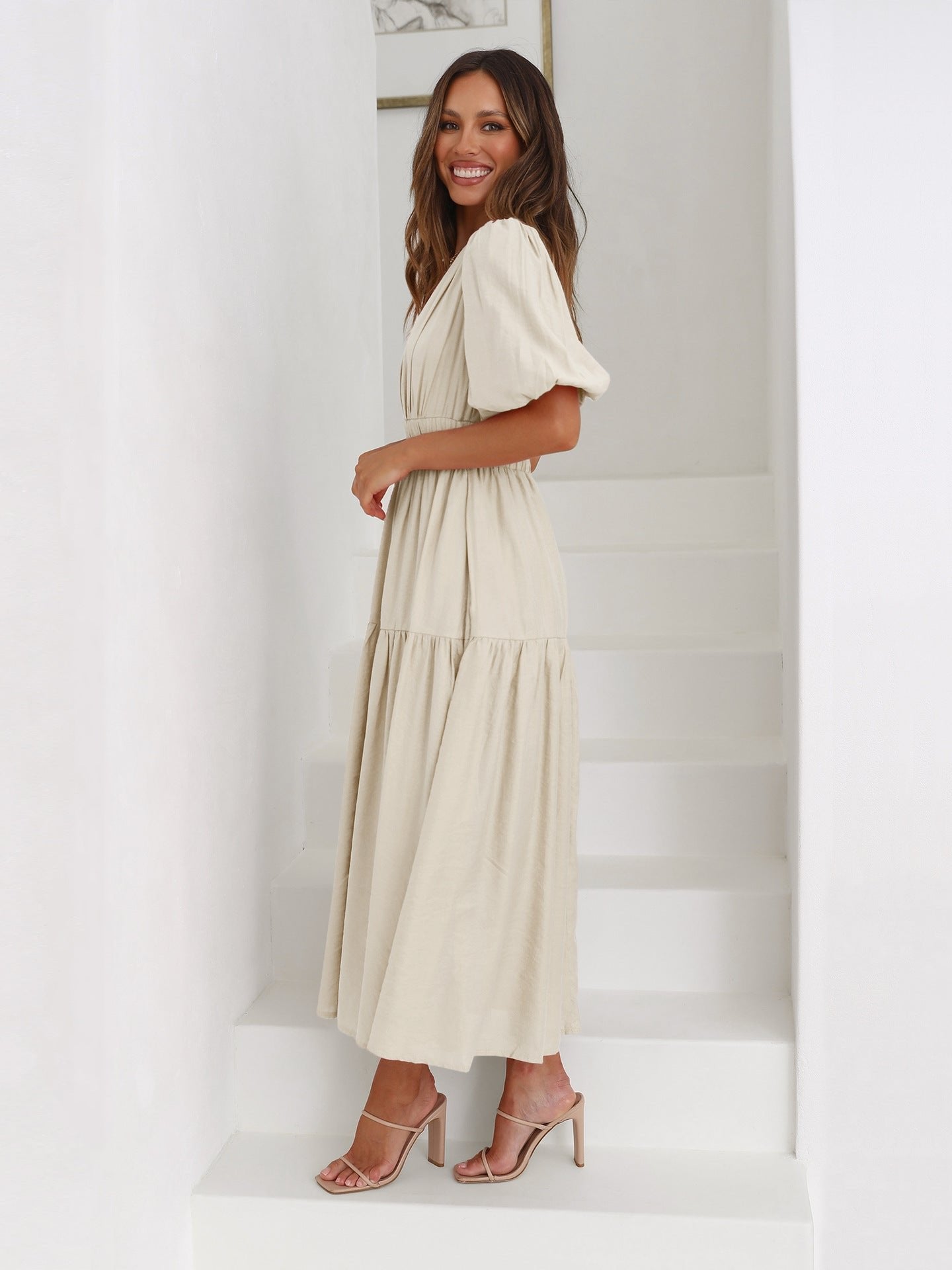 Women's V-Neck Puff Sleeve Midi Dress Smocked Waist