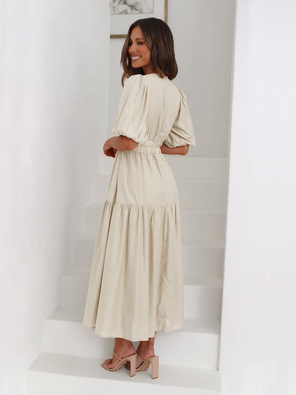 Women's V-Neck Puff Sleeve Midi Dress Smocked Waist