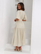 Women's V-Neck Puff Sleeve Midi Dress Smocked Waist