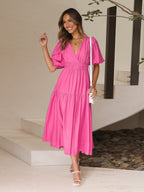 Women's V-Neck Puff Sleeve Midi Dress Smocked Waist