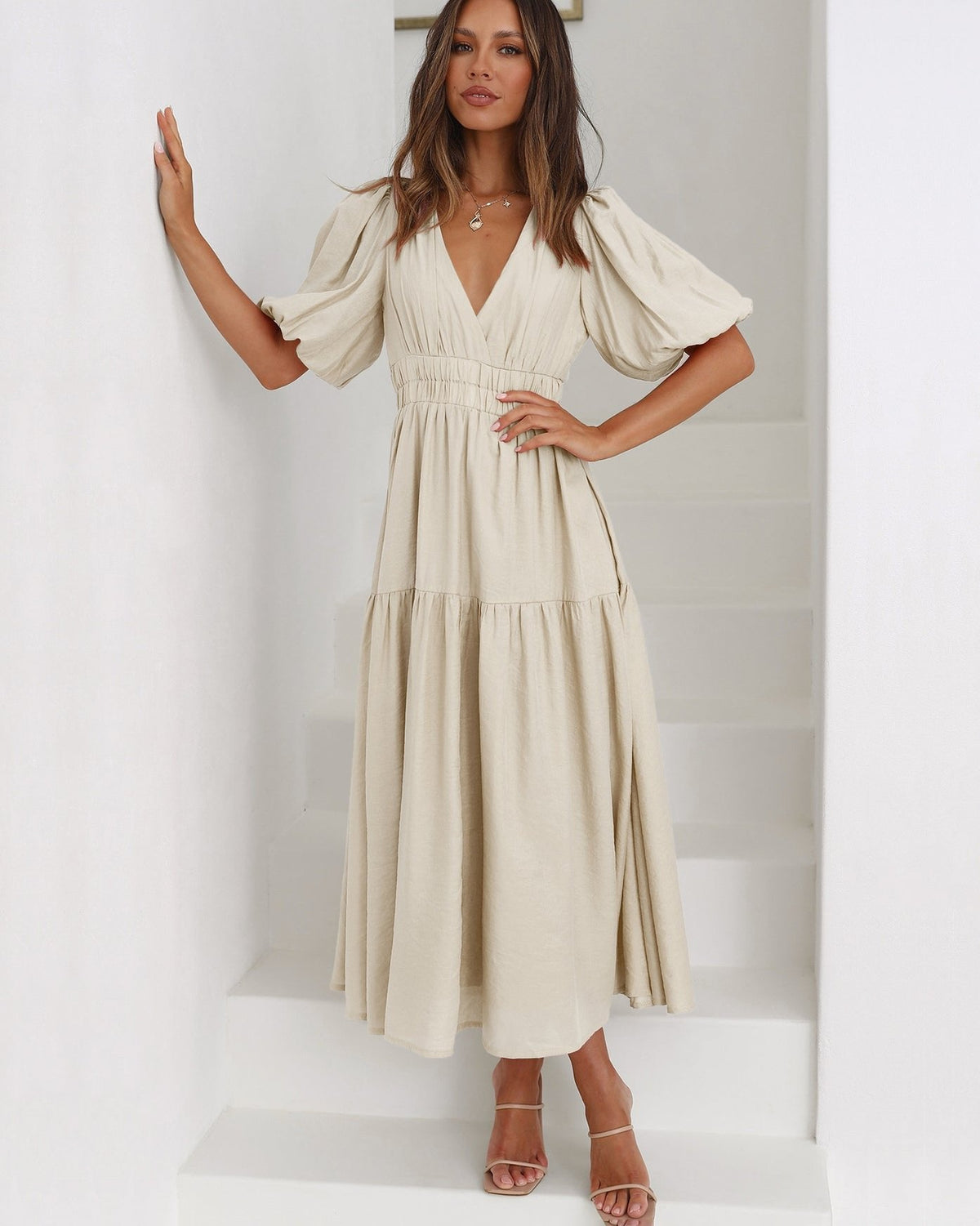 Women's V-Neck Puff Sleeve Midi Dress Smocked Waist