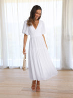 Women's V-Neck Puff Sleeve Midi Dress Smocked Waist