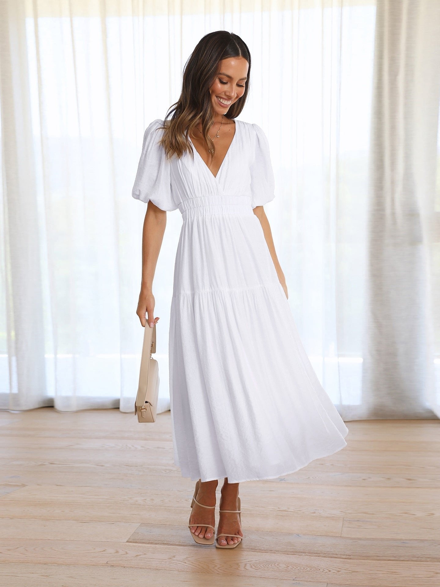 Women's V-Neck Puff Sleeve Midi Dress Smocked Waist
