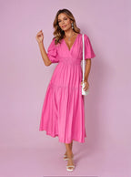 Women's V-Neck Puff Sleeve Midi Dress Smocked Waist