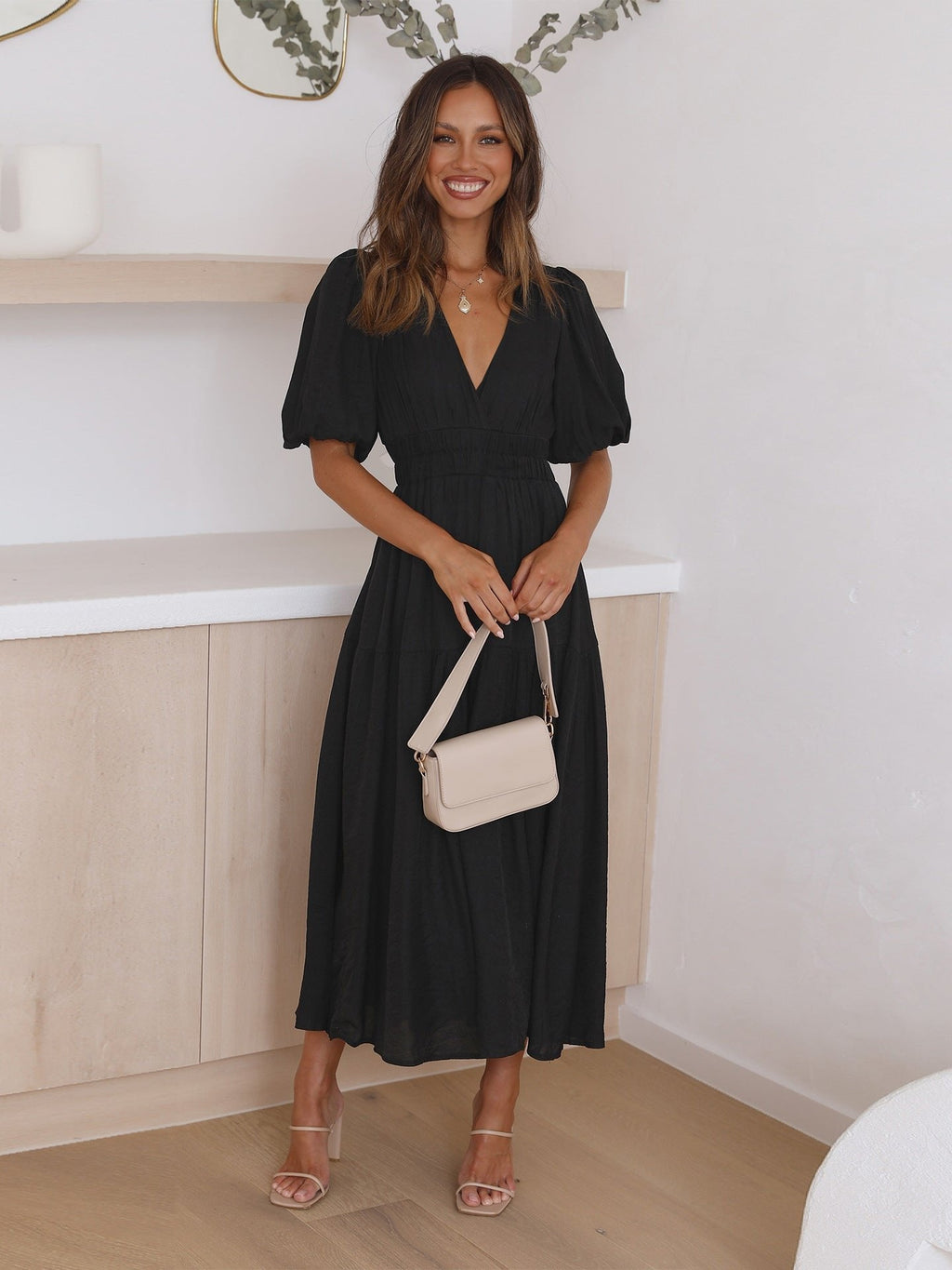 Women's V-Neck Puff Sleeve Midi Dress Smocked Waist
