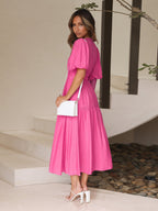 Women's V-Neck Puff Sleeve Midi Dress Smocked Waist