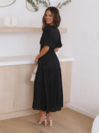 Women's V-Neck Puff Sleeve Midi Dress Smocked Waist