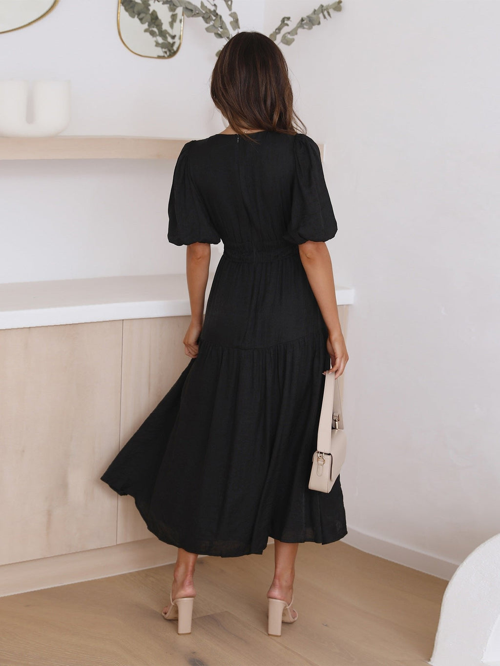 Women's V-Neck Puff Sleeve Midi Dress Smocked Waist