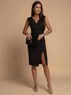 Women's V-Neck Ruched Bodycon Midi Dress Side Slit