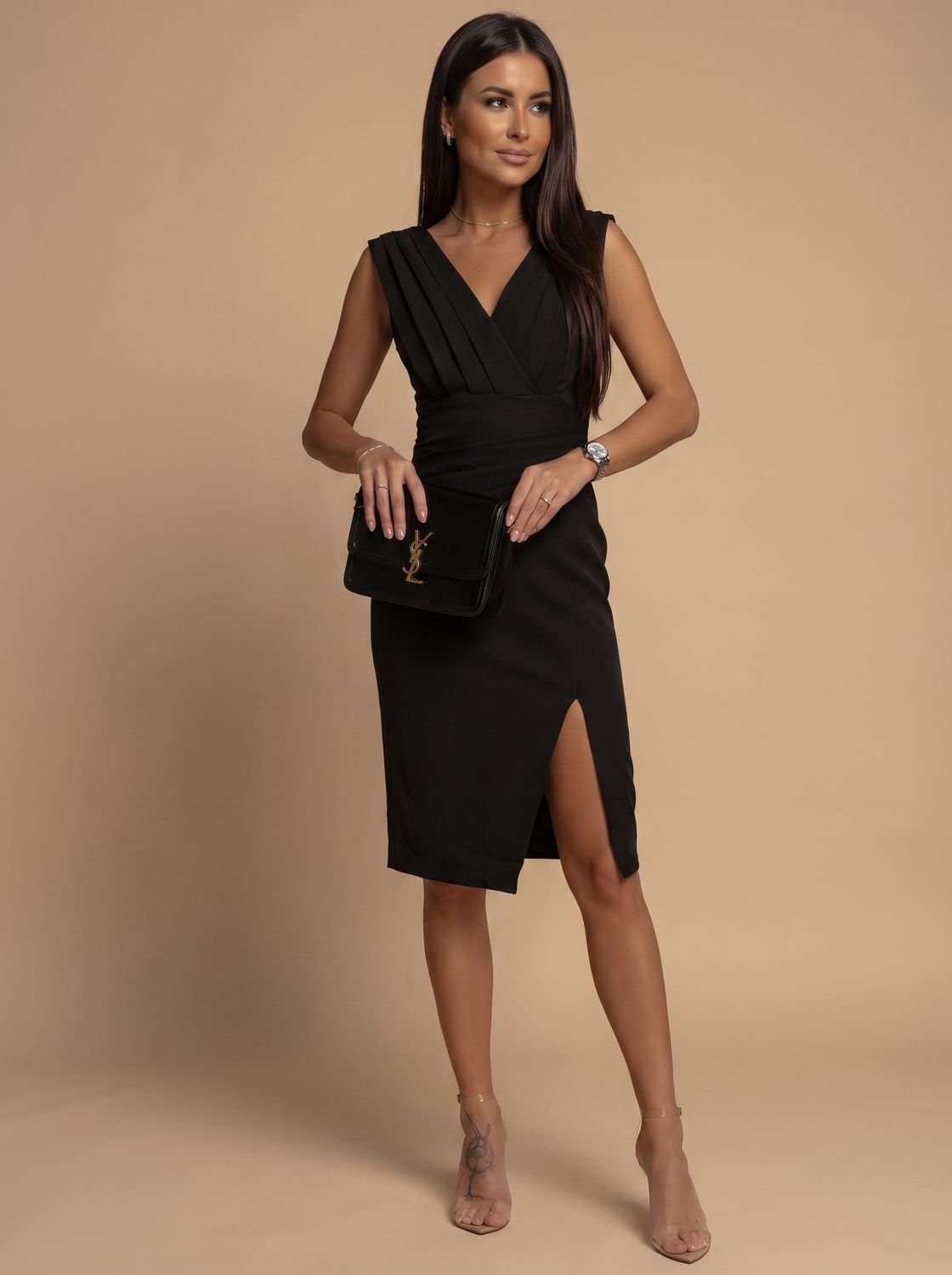 Women's V-Neck Ruched Bodycon Midi Dress Side Slit