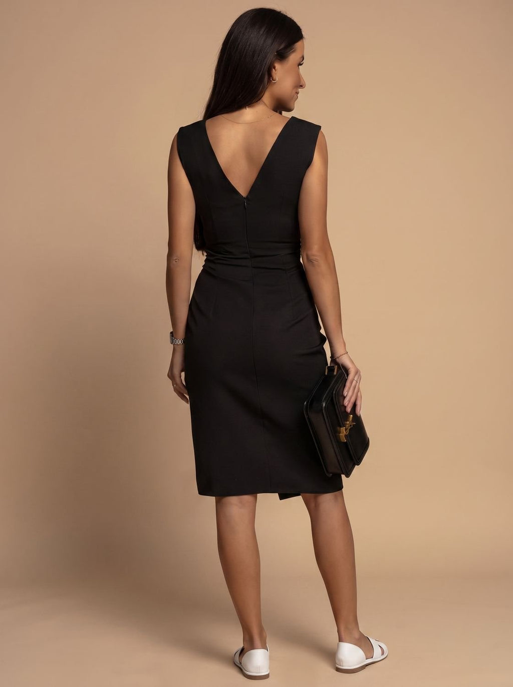 Women's V-Neck Ruched Bodycon Midi Dress Side Slit