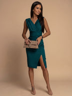 Women's V-Neck Ruched Bodycon Midi Dress Side Slit