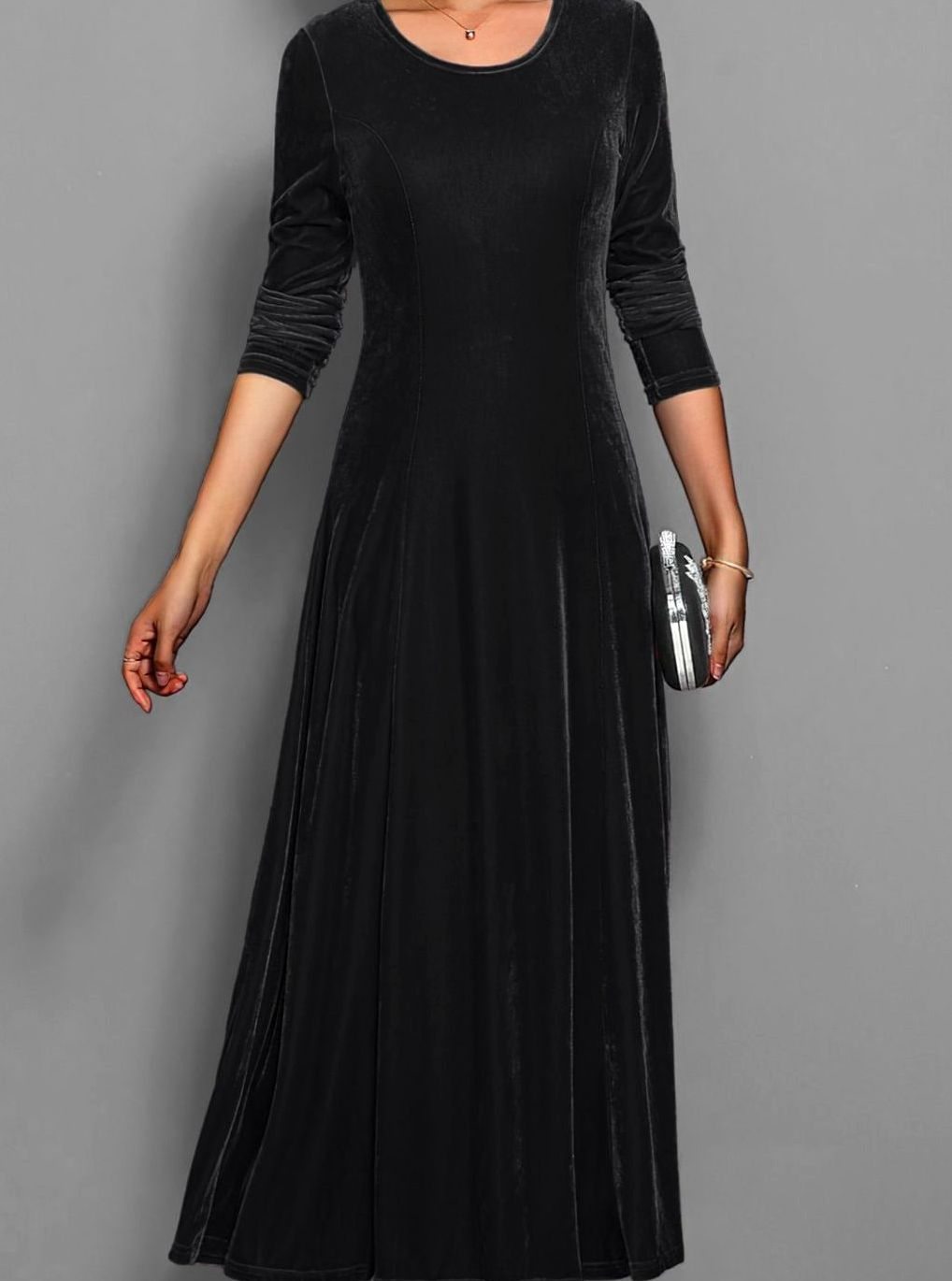 Women's Velvet Long Sleeve Formal Party Dress Maxi A-Line