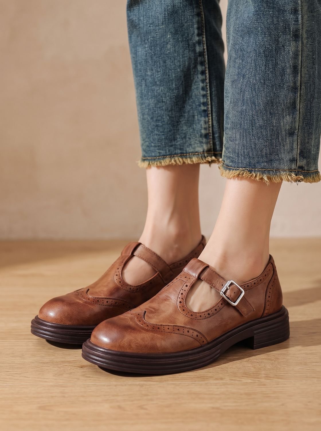 Women's Wingtip T-Bar Buckle Flats with Cushioned Footbed